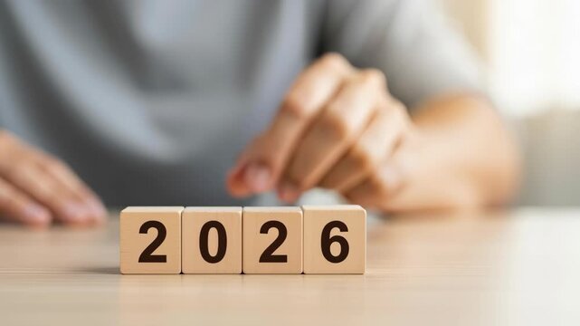 Christmas business corporate new year office holiday celebration party planning strategy man flips and changes wooden block to reveal 2026 with