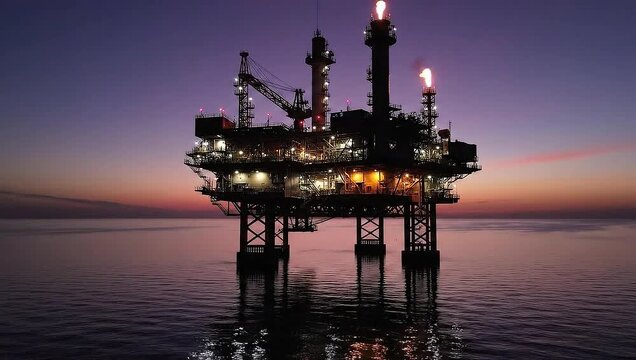 Illuminated offshore oil rig platform in the ocean at dusk with burning gas flares and reflections on calm water