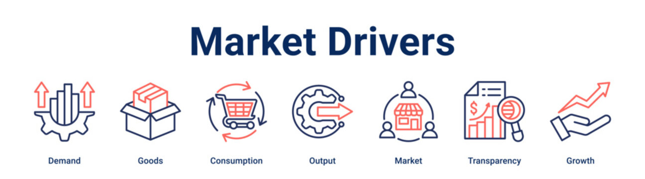 Market Drivers banner web icon vector illustration concept for business with icon of Demand, Goods, Consumption, Output, Market, Transparency.