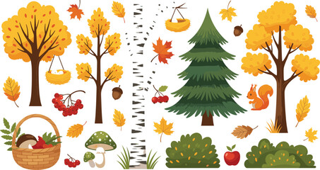 Vibrant vector illustration set of autumn forest elements, including fall foliage, yellow and orange trees, fir trees, birch trunks, rowan berries, squirrels, and mushrooms in a basket.