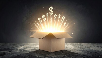 A cardboard box mysteriously emits a radiant beam of glowing dollar signs, symbolizing wealth, prosperity, and financial opportunity, against a darkened backdrop.