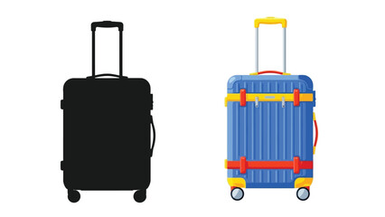 Two suitcases a silhouette and a colorful travel bag illustration