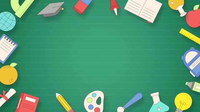 Back to school education frame background with flat school supplies illustration and large copy space, suitable for learning content, and academic design projects.