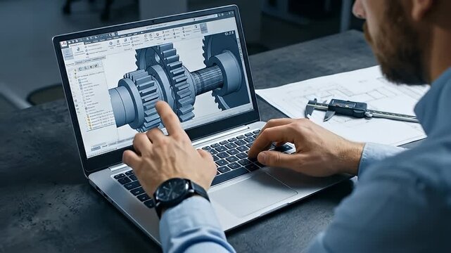 Close up of Engineer Working on 3D Mechanical Design of Gears and Shafts on Laptop Computer Screen Indoors with Blue Shirt and Watch