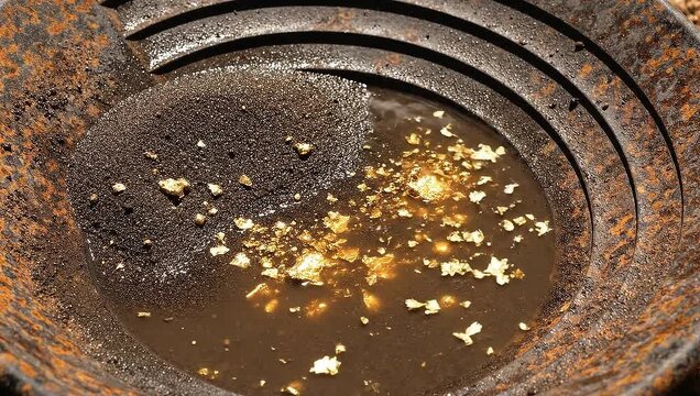 Close up of shiny gold nuggets and flakes resting in a rusty metal pan with black sand and water during prospecting