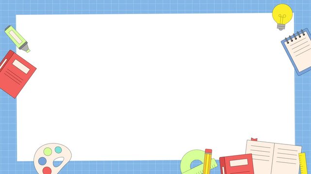 Playful back to school education background with flat school supplies frame on grid paper, ideal for learning content, classroom presentations, kids education, and academic promotions.