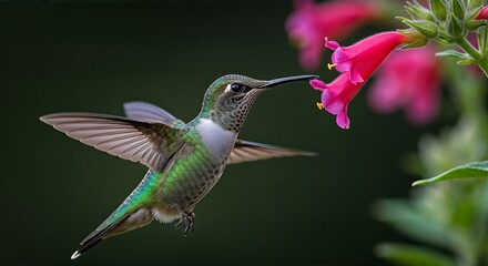 Fototapeta premium Green Hummingbird Hovering and Feeding on Pink Flower Nectar.