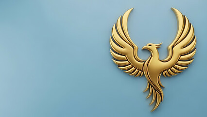 Golden mythical bird with outstretched wings on blue background