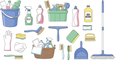 Comprehensive vector set of household cleaning products and equipment, including bucket, mop, gloves, sponges, squeegee, dustpan, and eco-friendly chemical bottles for home hygiene.