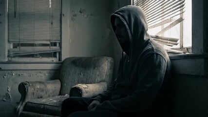Desolate Figure in Dilapidated Room Sitting on Dusty Chair Under Moody Lighting with Broken Window Background Reflecting Decay and Neglect
