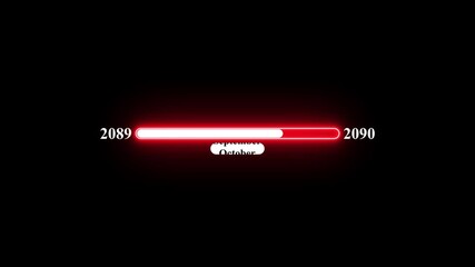 2089 to 2090 loading animation with January 2089 to January 2090 time line on black background, year progress transition, calendar time loading bar, new year change concept