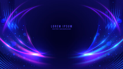 Fototapeta premium Abstract neon light curves background. Symmetrical blue and purple glowing waves with bokeh sparkles