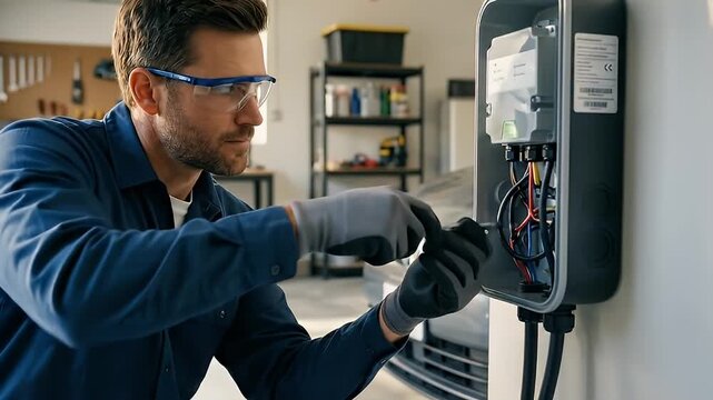 Man In Blue Uniform And Safety Glasses Works On An Electrical Charging Station In A Garage With A Car In The Background