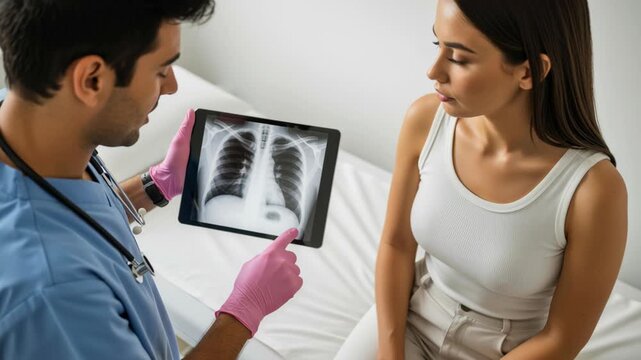 Doctor reviews chest lung x ray scan with patient discussing cancer check and medical radiology screening diagnosis doctor pointing to chest lung xray tablet during medical check and cancer screening