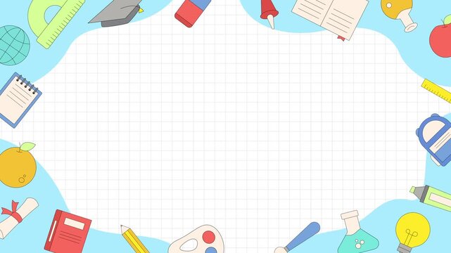 Back to school education frame background with flat school supplies illustration and large copy space, suitable for learning content, and academic design projects.