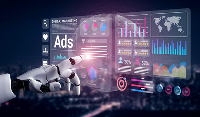 A robotic hand interacts with an advanced digital marketing dashboard showcasing analytics and data trends against a vibrant night cityscape backdrop. Gantry