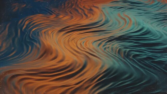 Abstract swirling fluid dynamics with warm orange and cool teal colors creating mesmerizing organic patterns and textures in a dark galaxy background