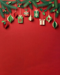 Christmas Paper-Cut Hanging Ornaments and Gifts on Red Background