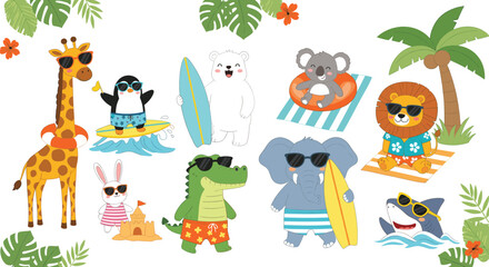 Adorably cute vector set of zoo and safari animals enjoying a summer vacation, featuring a lion, elephant, giraffe, shark, and penguin wearing trendy sunglasses and swimwear.