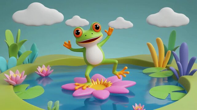 A cheerful cartoon frog happily dancing on a lily pad in a vibrant pond with fluffy clouds overhead
