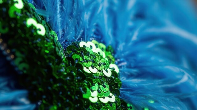 An artistic macro photograph showcases a vibrant composition of sequins and feathers. The combination of textures and hues evokes creativity.