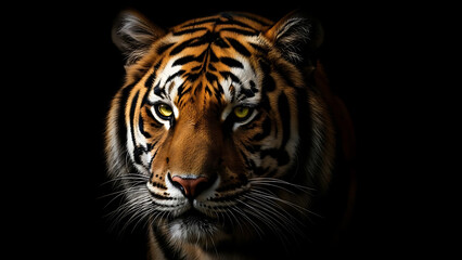 Obraz premium Closeup portrait of a tigers face with intense gaze on black background