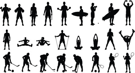 Vector Illustrations of People Exercising, Playing Hockey, Boxing, and Doing Yoga for Design