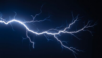 Powerful blue lightning bolt streaks across the dark night sky during an electric thunderstorm