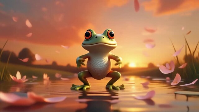 A whimsical green frog dancing and standing serenely on reflective water, bathed in the warm glow of a vibrant sunset, surrounded by delicate pink petals, creating a magical natural tableau