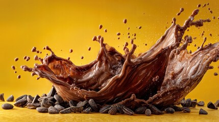 Chocolate splash with cacao nibs against a warm yellow backdrop, capturing the essence of rich, indulgent flavor