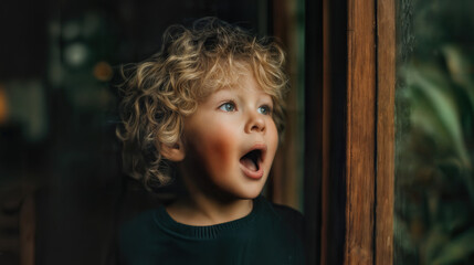 A young child gazes out a window with a surprised expression. His curly hair adds to his youthful charm. 