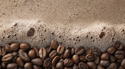 Aromatic coffee beans and rich crema create a delicious visual. The close-up shot captures the texture of the beans and the foamy crema