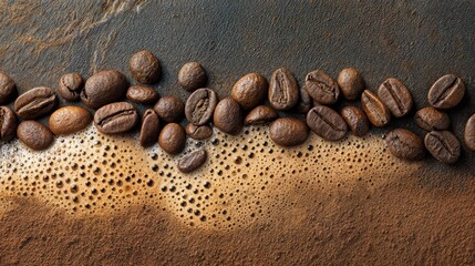 Close-up shot of coffee beans scattered on a textured coffee background. The arrangement provides a visually appealing pattern