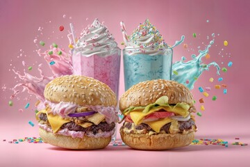 Delicious burgers and milkshakes arranged with an artistic splash