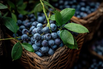Fresh blueberries overflow in a rustic basket, with a focus on details