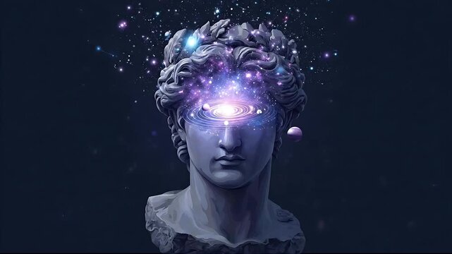 Cosmic Mind: Greek Statue Head with Glowing Galaxy, Space and Stars in Brain