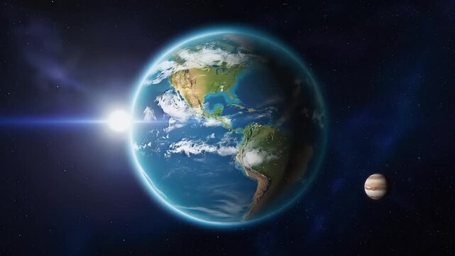 Earth and Jupiter in Space, With Sunburst and Starfield A Celestial Perspective