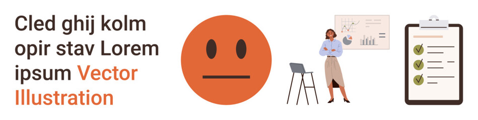 Fototapeta premium Data analysis, performance tracking, productivity, efficiency, emotion management, corporate strategy. Neutral face emotion, business chart checklist clipboard. Data analysis and performance