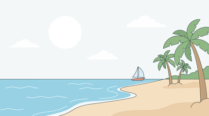 Obraz premium Serene tropical beach scene with palm trees and a sailing boat under a bright sun with soft clouds on transparent background