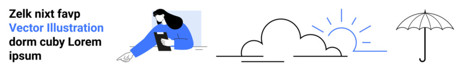 Weather events, personal knowledge, protection, education, nature, safety concepts. A person with a book, a cloud with sun and an umbrella. Knowledge and weather events