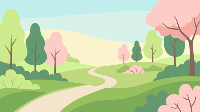 Serene springtime landscape featuring lush green meadows and blooming pink cherry blossom trees with winding path