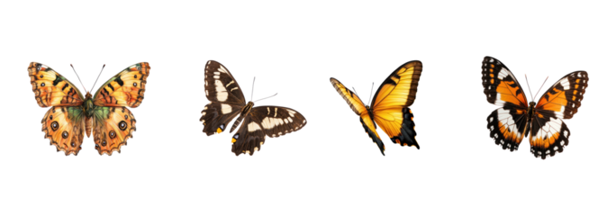 Collection of Butterfly hiding Hides under leaves or in flowers, wings closed for camouflage. full length isolate on transparent background