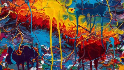 Vibrant abstract painting with dripping and splattered multi-colored paint creating a dynamic and energetic visual composition.