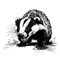 Black and white illustration of a badger with distinctive markings standing on textured ground amidst grasses