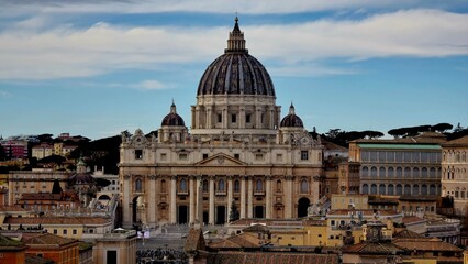 Vatican City &ndash; 12 January 2025. St. Peter&rsquo;s Basilica dominates the skyline with its dome and grand fa&ccedil;ade, seen above the rooftops and beside the Apostolic Palace.
