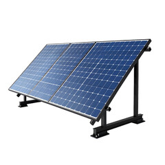 Three Blue Solar Panels Mounted On A Black Metal Rack On A White Background