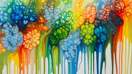 Vibrant abstract painting with cascading colors and organic, bubbly textures, evoking a sense of joyful fluidity and growth.