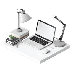 Modern Minimalist Home Office Desk Setup With Laptop And Desk Lamp On White Surface Detailed Clean Workspace With Books And Small Potted Plant