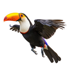Fototapeta premium Toucan hopping A toucan hops from branch to branch with quick, light movements. full length isolate on transparent background