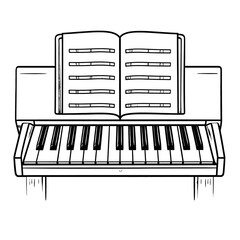 Line Art Illustration Of An Open Sheet Music Book Resting On A Piano Keyboard On A White Background